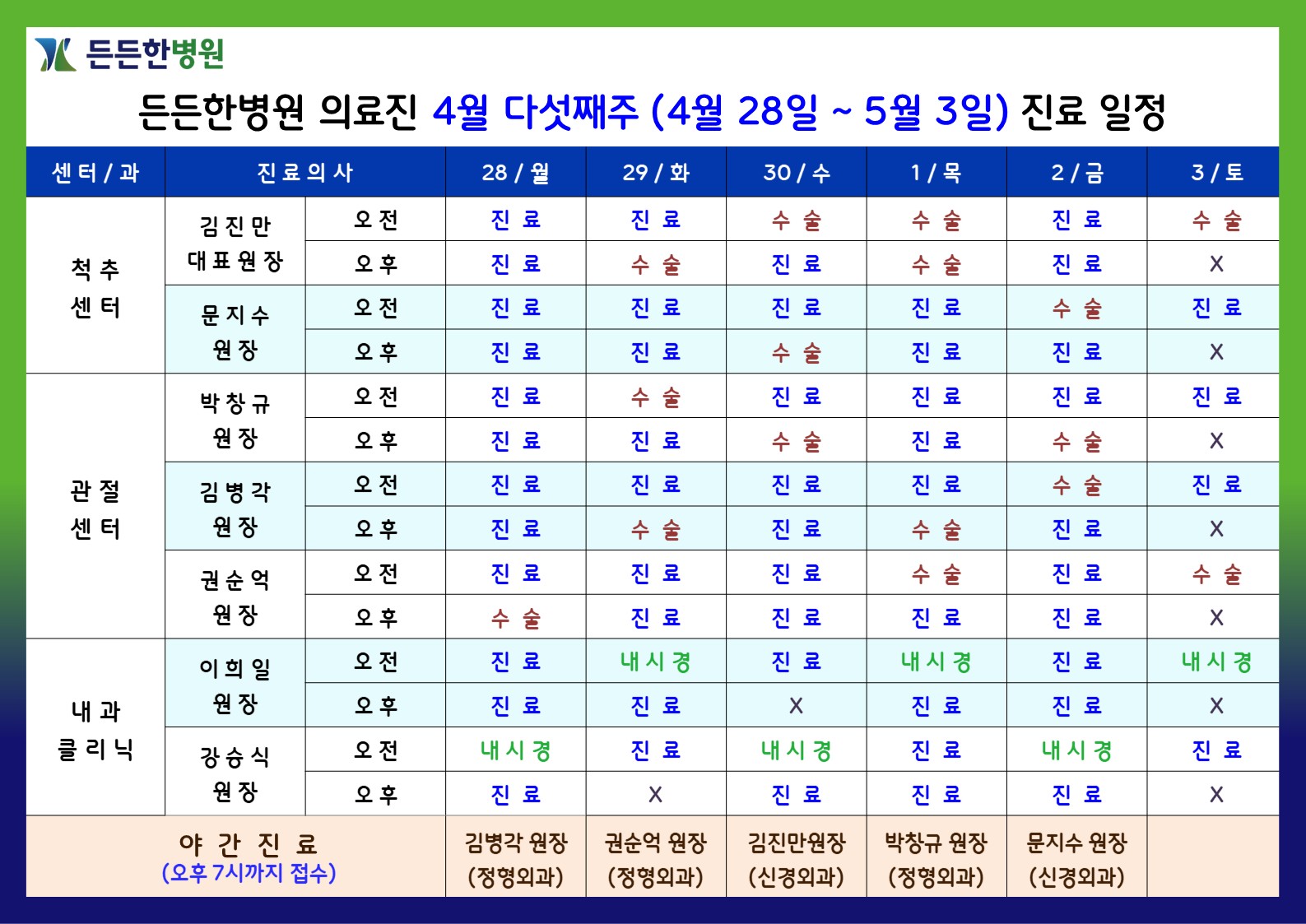 4월 다섯째주 의료진 스케줄