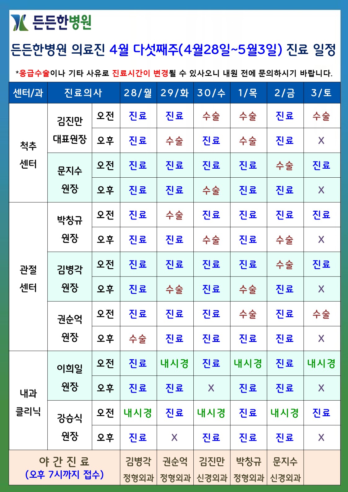 4월 다섯째주 의료진 스케줄