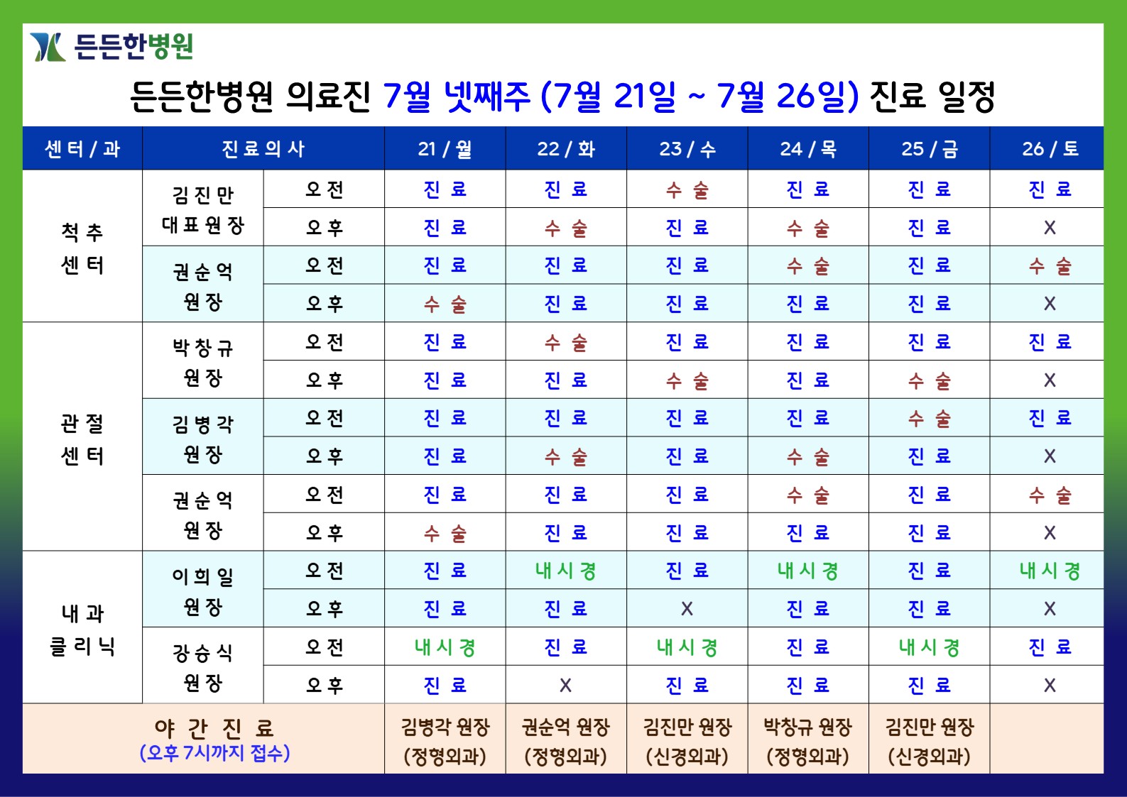 7월 넷째주 의료진 스케줄