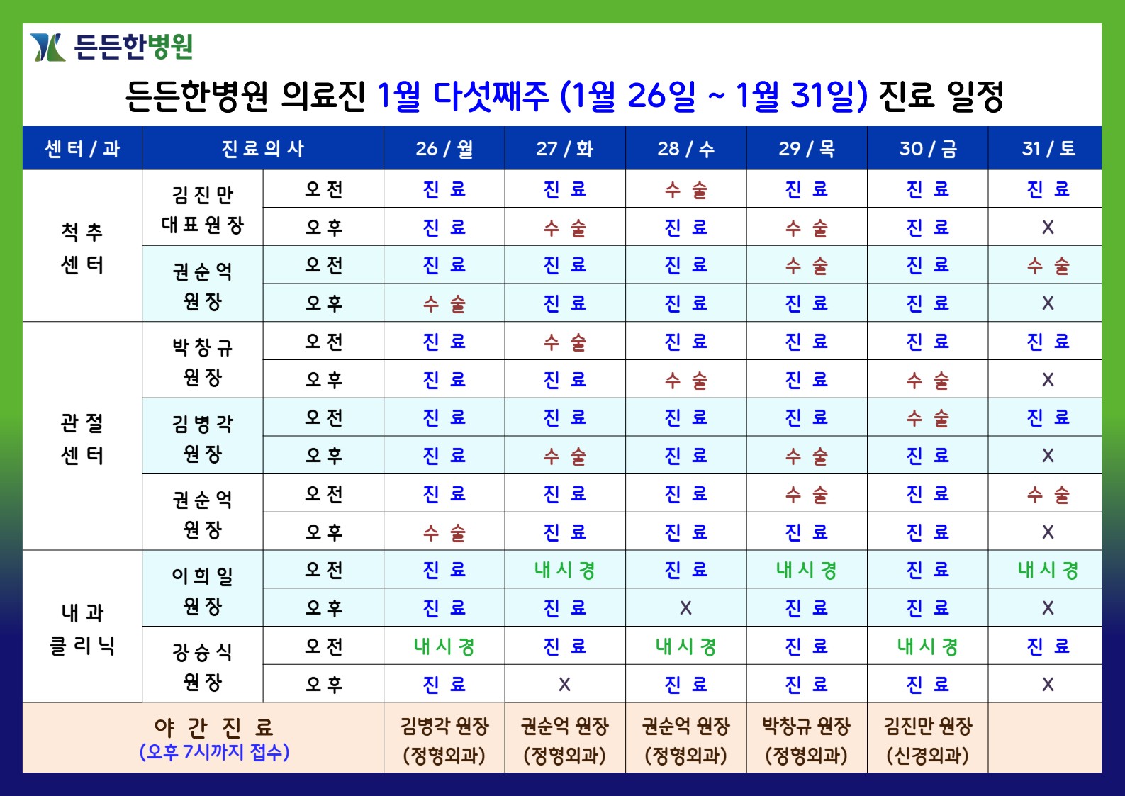 1월 다섯째주 의료진 스케줄