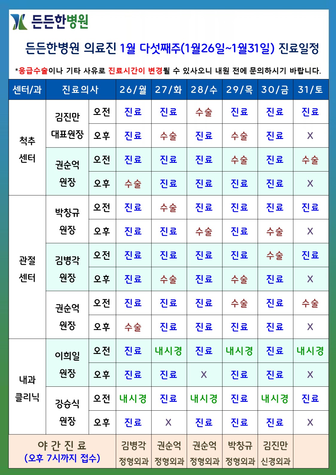 1월 다섯째주 의료진 스케줄
