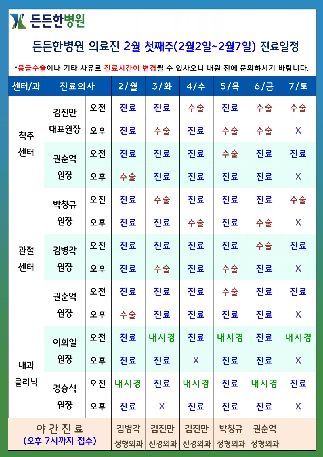2월 첫째주 의료진 스케줄