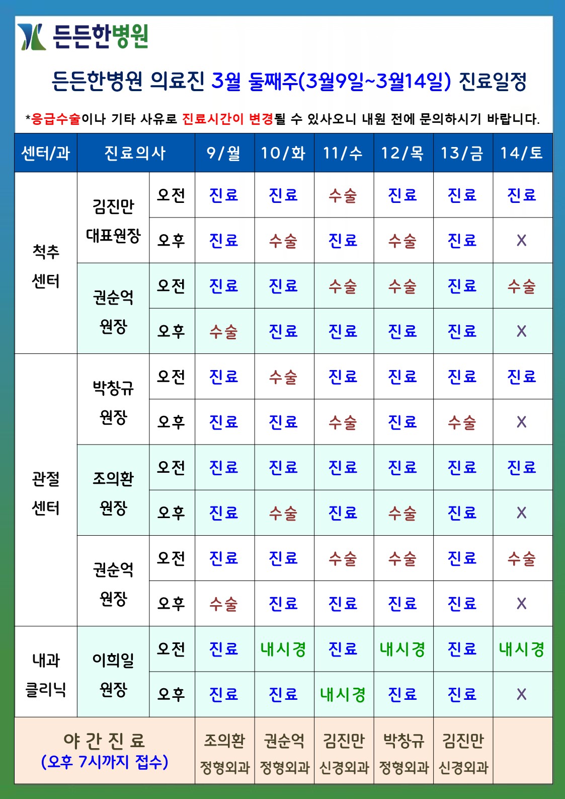 3월 둘째주 의료진 스케줄