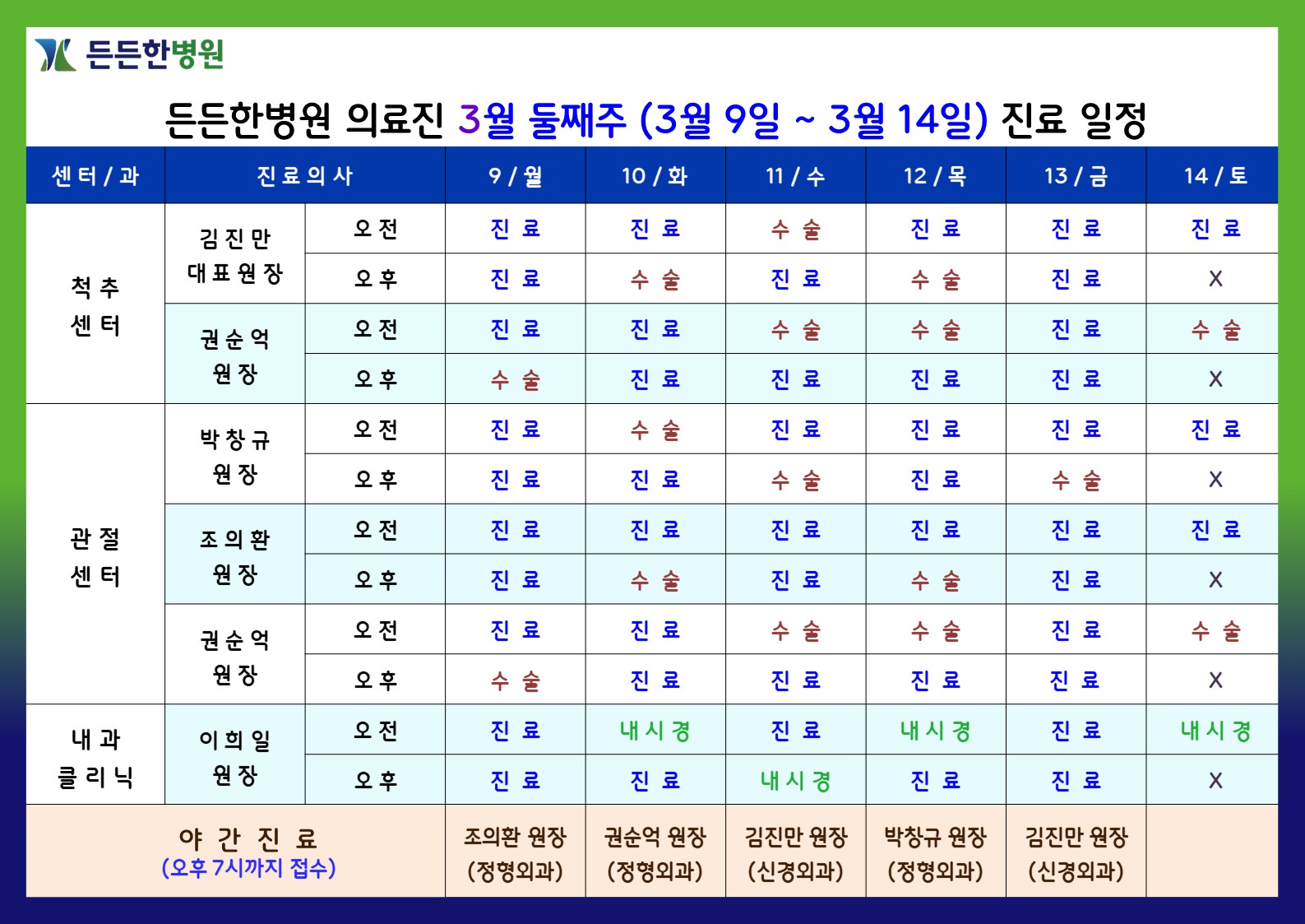 3월 둘째주 의료진 스케줄